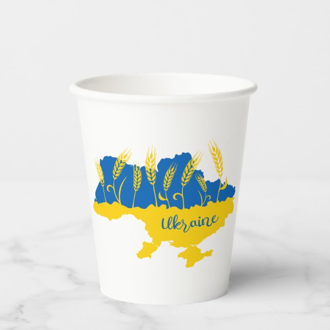 Ukrainische Typografie und Weizenohr auf ukrainisc Pappbecher (Vorderseite)