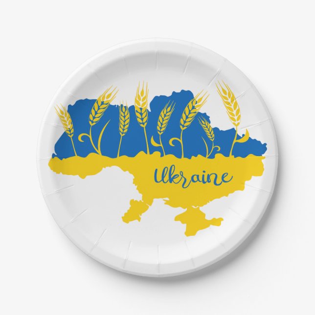Ukrainische Typografie und Weizenohr auf ukrainisc Pappteller (Vorderseite)