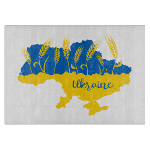 Ukrainische Typografie und Weizenohr auf ukrainisc Schneidebrett