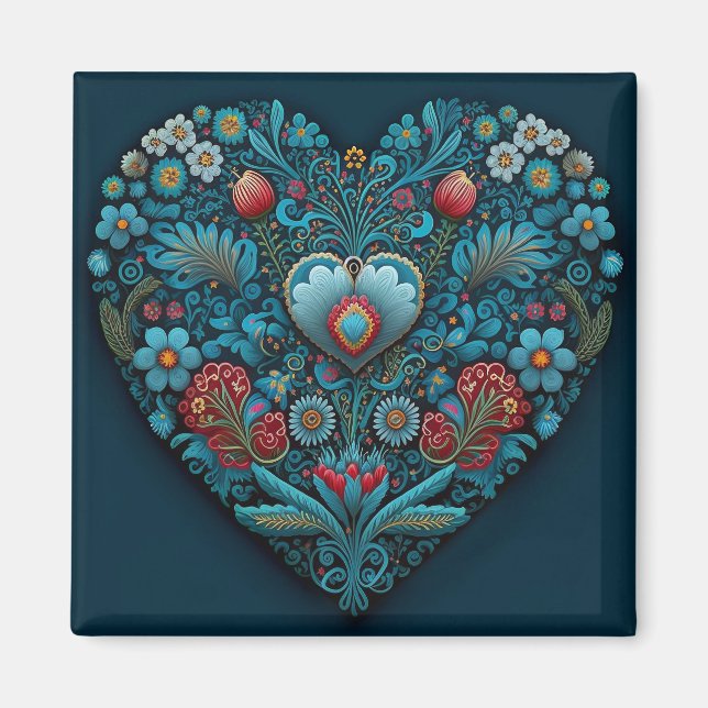 Ukrainische Volkskunst - Inspiriertes Herz in Blau Magnet (Vorne)