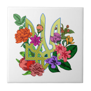 Ukrainischer Heraldik-Dreizack Tryzub blühende Blu Fliese