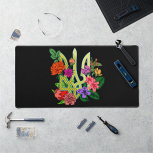 Ukrainischer Heraldik-Dreizack Tryzub blühende Blu Schreibtischunterlage