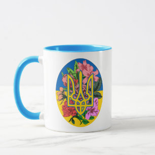 ukrainischer Präsident und ukrainische Flagge mit Tasse