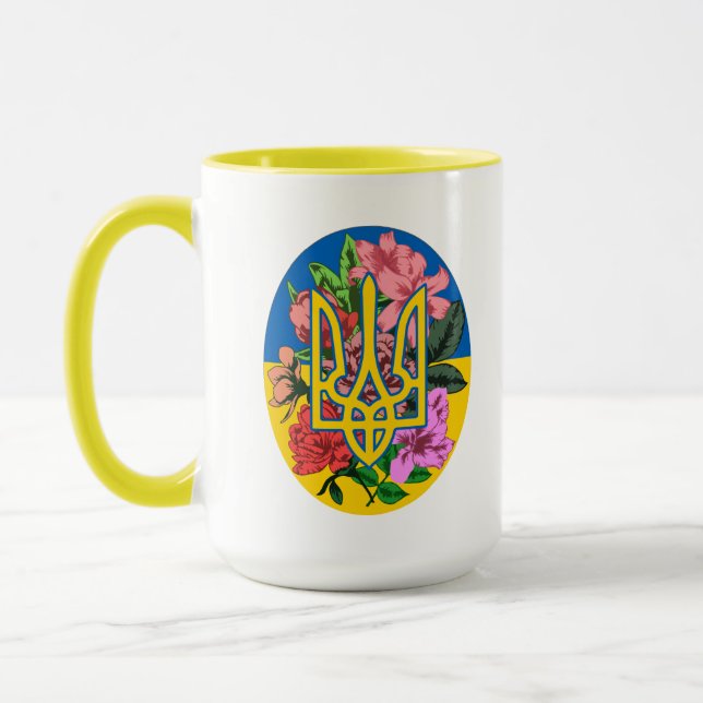 ukrainischer Präsident und ukrainische Flagge mit  Tasse (Links)