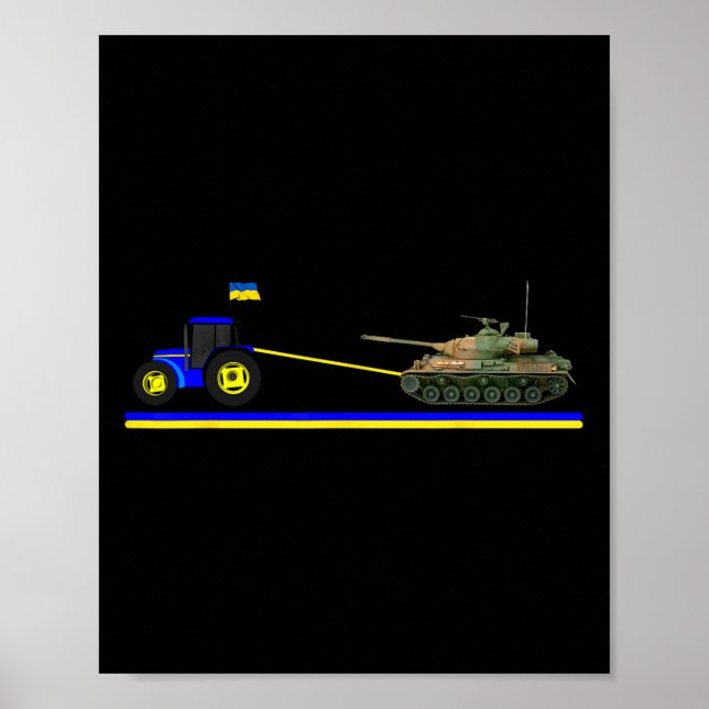 Ukrainischer Traktor zieht Panzer mit der Flagge d Poster (Vorne)