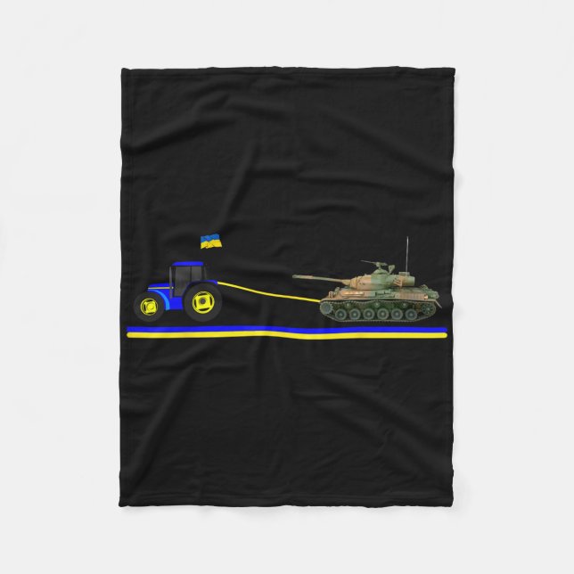 Ukrainischer Traktor zieht Panzer mit ukrainischer Fleecedecke (Vorderseite)