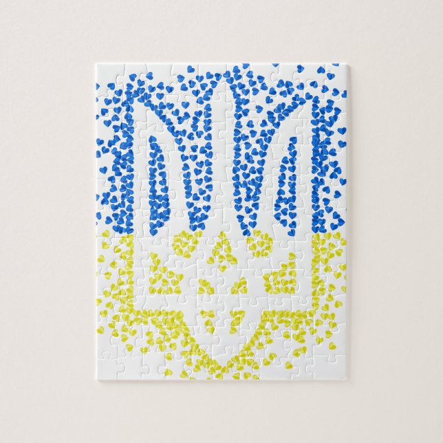 Ukrainisches Emblem trident tryzub zerstreut Herze (Vertikal)