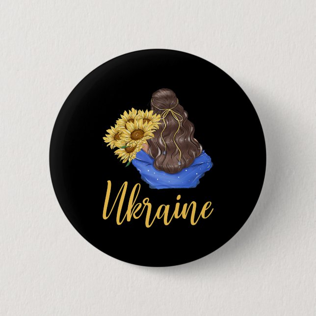 Ukrainisches Mädchen mit Sonnenblumen Blaue Gelbe  Button (Vorderseite)