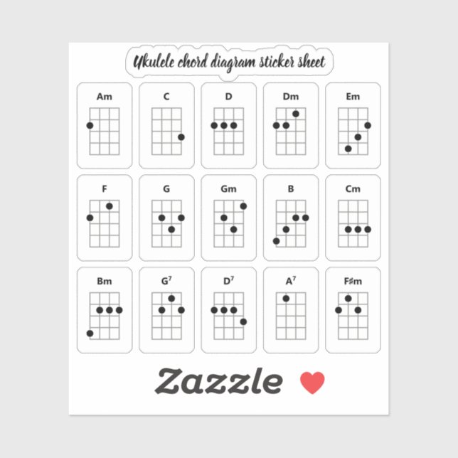 Ukulele Akkord Diagramm Stickers | Anfängerakkorde Aufkleber (Blatt)