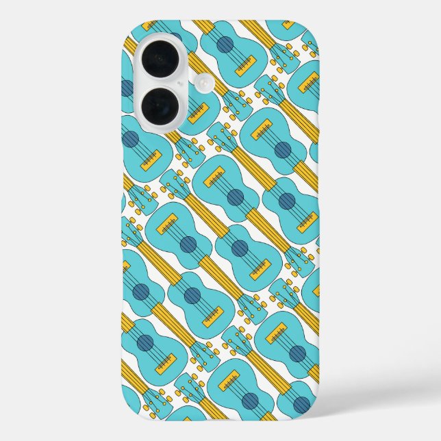 Ukulele Blau und Weiß Muster iPhone 16 Hülle (Rückseite)