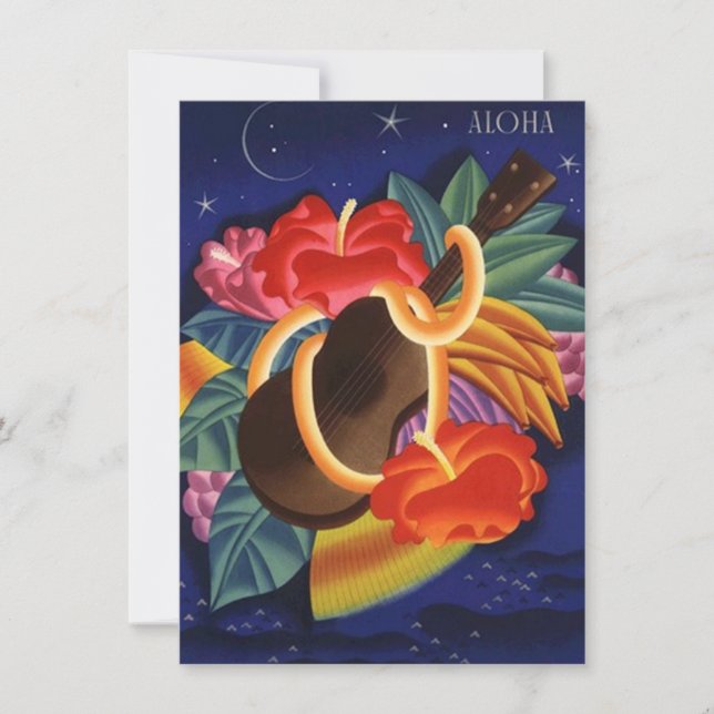Ukulele Hibiskus Aloha Hawaiian Luau Einladungen (Vorderseite)