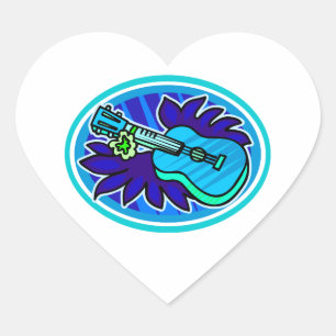 Ukulele mit Blätter und Blume, blau Herz-Aufkleber