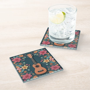 Ukulele Tropische Blumen Musikinstrument Hübsch Glasuntersetzer