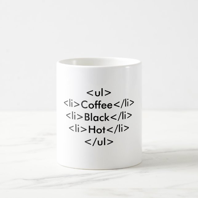 <ul><li>Coffee</li><li>Black</li><li>Hot</li></... Kaffeetasse (Mittel)