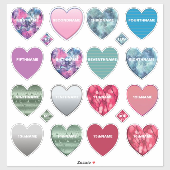 Ultimate 16 Name Hearts Collection Aufkleber (Blatt)