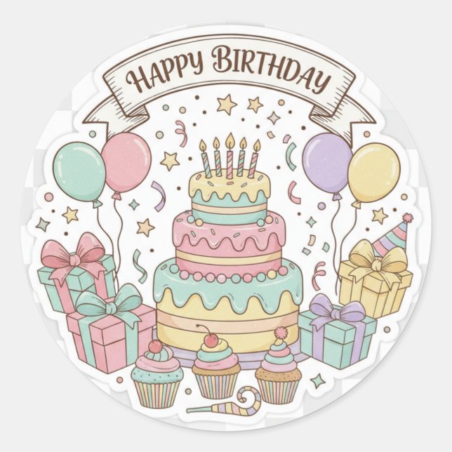 Ultimate Birthday Celebration: Cake, Gifts & Ballo Runder Aufkleber (Vorderseite)