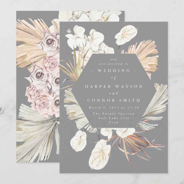Ultimate Pampas Grass Floral Tropical Gray Wedding Einladung (Vorne/Hinten)
