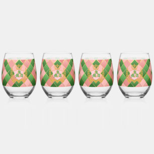 Ultra Chic Elegant Rosa Grün Argyle Monogramm Wapp Weinglas Ohne Stiel