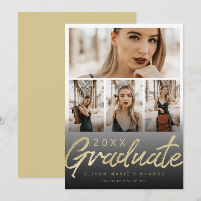 Ultra Chic Gold Pinsel Script Abschluss Foto-Karte Einladung (Vorne/Hinten)