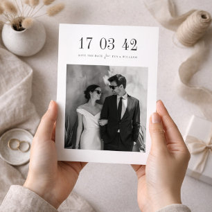 Ultra-minimalistische Schwarz-Weiß-Foto-Hochzeit Save The Date