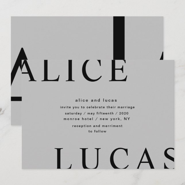 Ultra Modern Layout Monogram Gray Wedding Einladung (Vorne/Hinten)