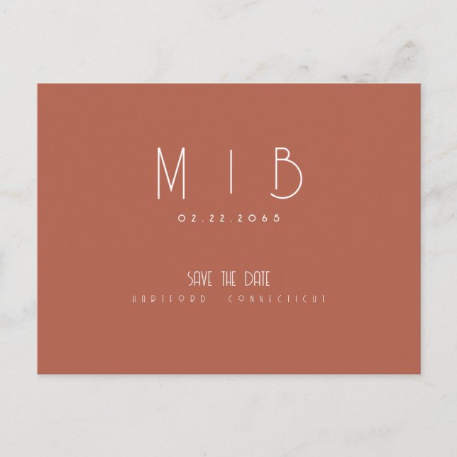 Ultra-Modern-Monogram-Zimt Save the Date Postkarte (Vorderseite)