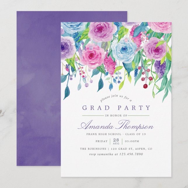 Ultra-Violet-Aquarell-Blumenstuhlparty Einladung (Vorne/Hinten)