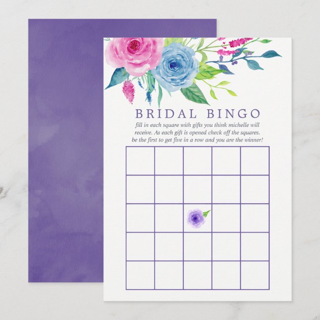 Ultra-Violet-Aquarell-Brautparty Bingo Einladung (Vorne/Hinten)