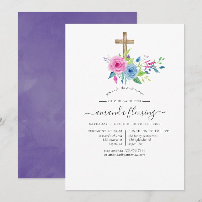 Ultra-Violet-Aquarellfarben-Blumenbestätigung Einladung (Vorne/Hinten)