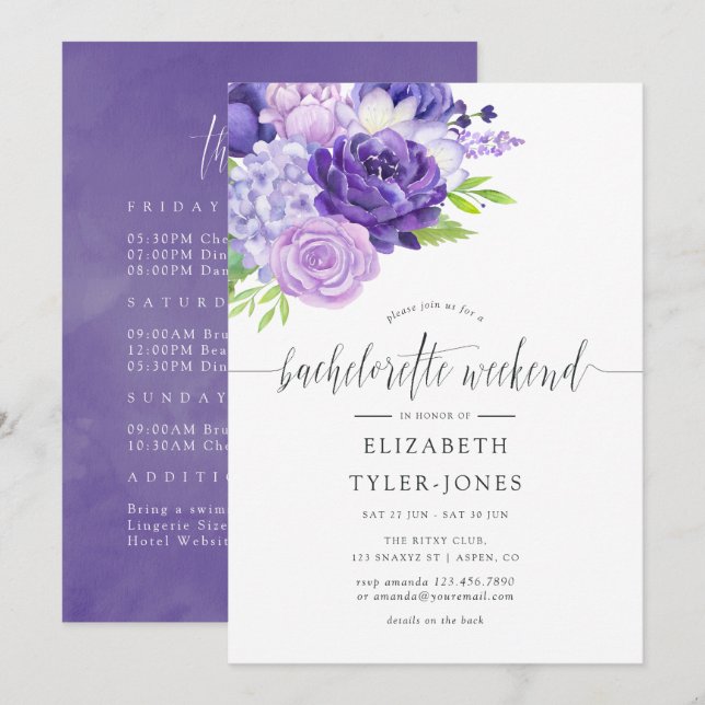 Ultra Violet Floral Bachelorette Wochenendreise Einladung (Vorne/Hinten)