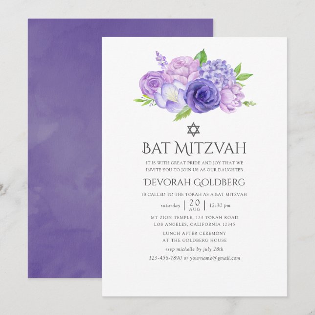 Ultra Violet Floral Bat Mitzvah Einladung (Vorne/Hinten)