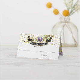 Ultra-Violet-Gold-Confetti-Lila-Gelbvögel Platzkarte