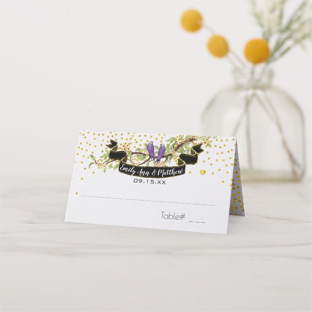 Ultra-Violet-Gold-Confetti-Lila-Gelbvögel Platzkarte (Vorderseite)