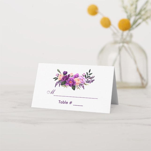 Ultra-Violet Lila-Aquarellblumen-Hochzeit PS Platzkarte (Vorderseite)