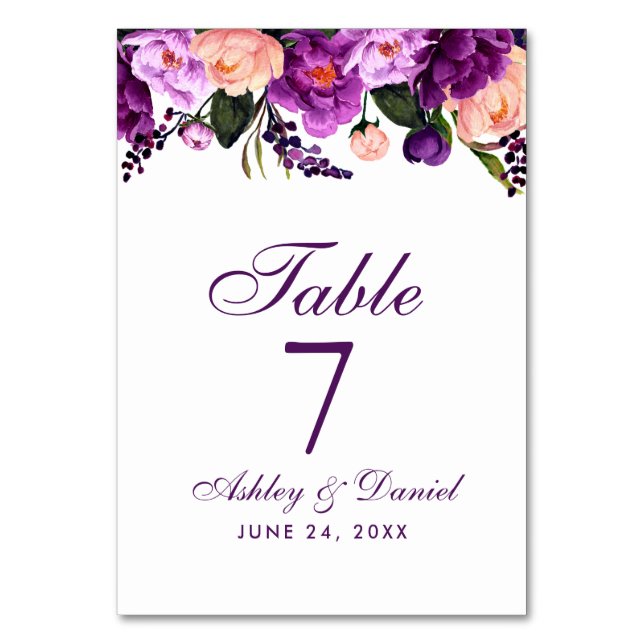 Ultra-Violet Lila-Aquarellblumen-Hochzeit PS Tischnummer (Vorderseite)