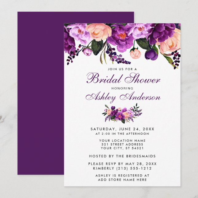 Ultra-Violet-Lila-florales Brautparty - Einladung  (Vorne/Hinten)