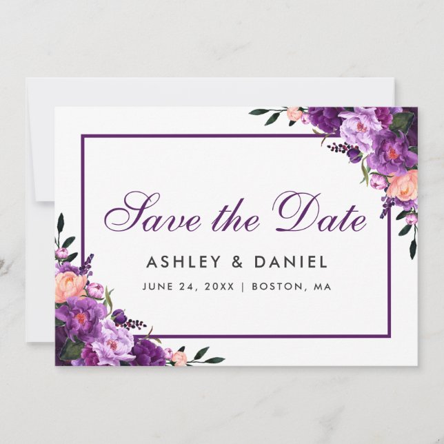 Ultra-Violet-Lila-florales Save the Date PS (Vorderseite)