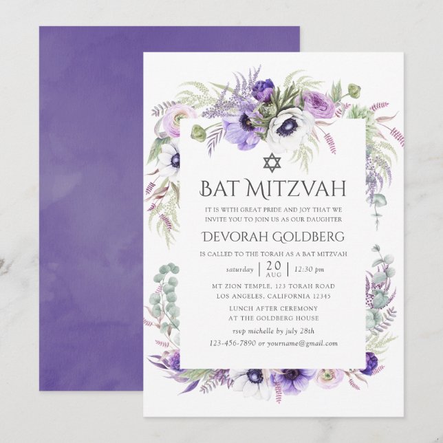 Ultra-Violet Wasserfarbe Floral Bat Mitzvah Einladung (Vorne/Hinten)