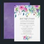 Ultra-Violet Wasserfarbe Floral Bat Mitzvah Einladung<br><div class="desc">Handgemalte Aquarellfarben-Rose flezvah Einladung mit Farbe des Jahres 2018 ultra violett mit Blautönen und Rosa mit Salbei-grünen Schnörkeln.</div>