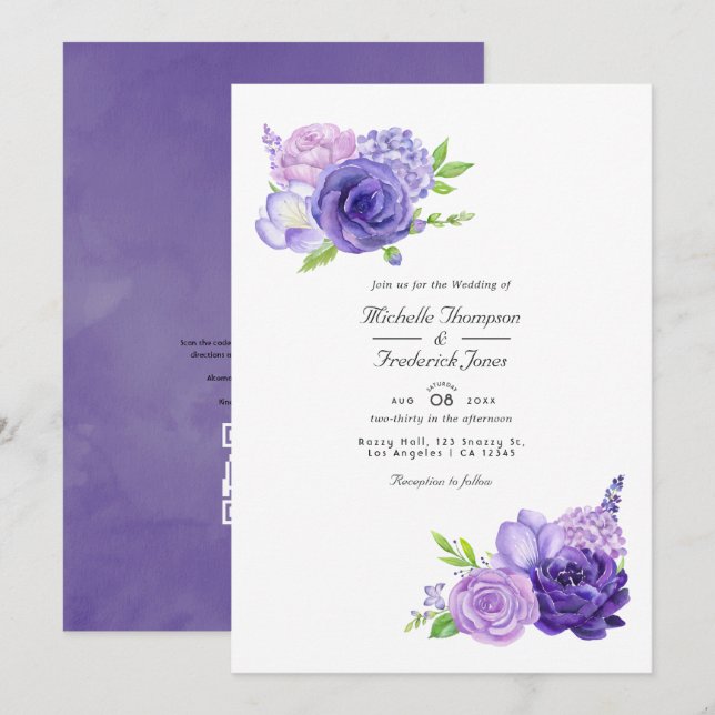 Ultra-Violet-Wasserfarben-QR-Code Hochzeit Einladung (Vorne/Hinten)