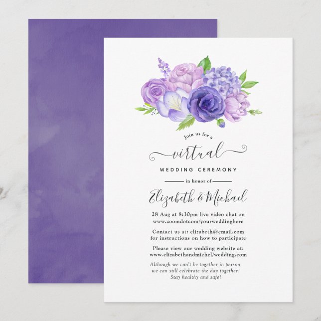 Ultra Violet Watercolor Virtual Wedding Einladung (Vorne/Hinten)