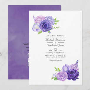 Ultra-Violett-Aquarell-Blumen-QR-Code-Hochzeit Einladung