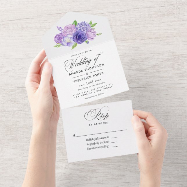 Ultra-Violett-Blumenhochzeit All In One Einladung (Abreißen)