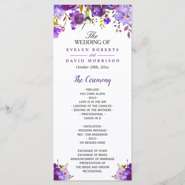 Ultra Violett Lila Blumige Hochzeitsprogramm Programm (Vorderseite)