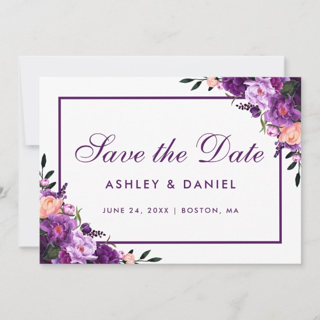 Ultra-Violett-Lila-florale Save the Date PFV (Vorderseite)