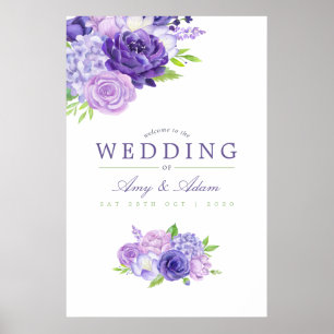 Ultra Violette Aquarell-Blumen-Hochzeitsbegrüßung Poster