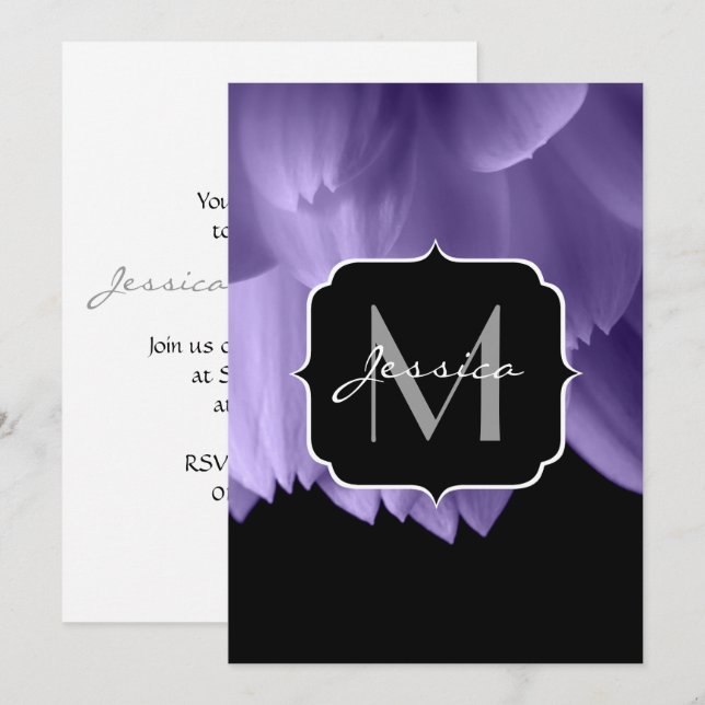 Ultra violette Blume Blätter schwarz Monogramm Ein Einladung (Vorne/Hinten)