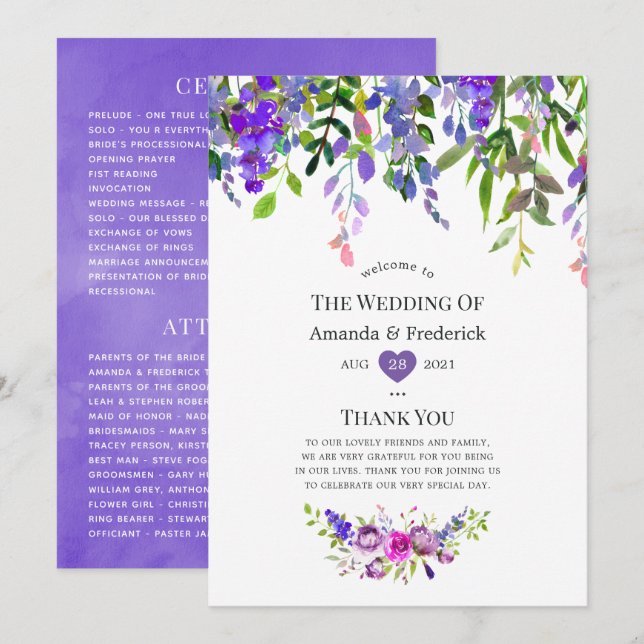 Ultra Violette Hochzeits-Wasserfarben-Blumen-Progr Programm (Vorne/Hinten)