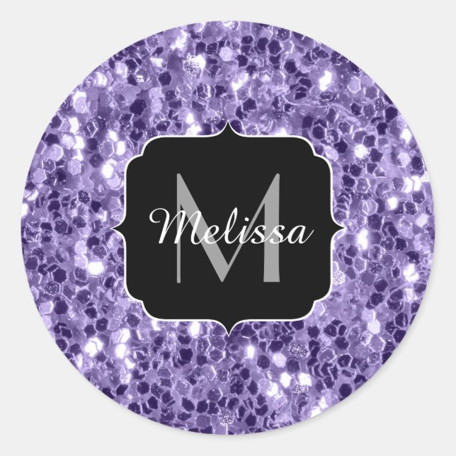Ultra-violette lila-Glitzer-Glitzern Monogramm Runder Aufkleber (Vorderseite)