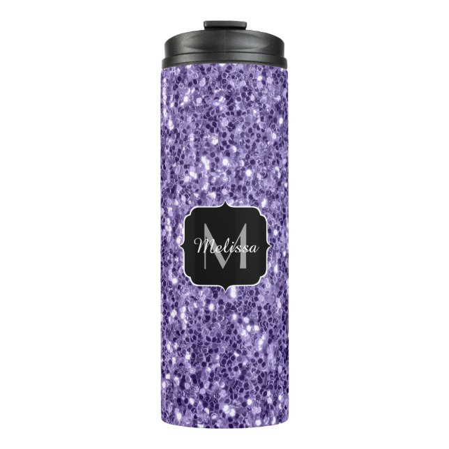Ultra-violette lila-Glitzer-Glitzern Monogramm Thermosbecher (Vorderseite)